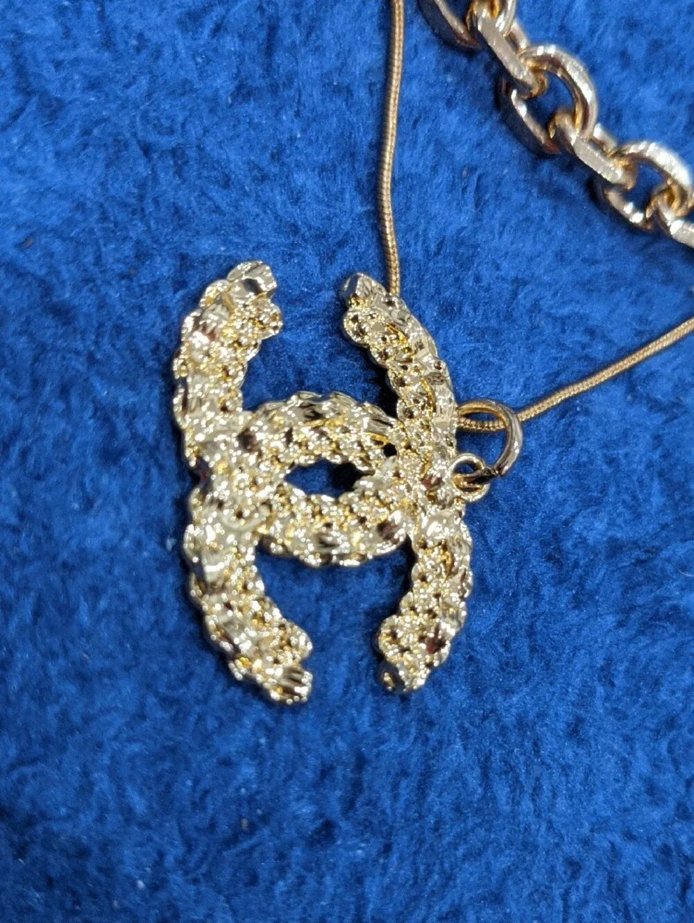 Modern Lux Gold Necklace with Green and Clear Crystal Logo Pendant -Not Chanel